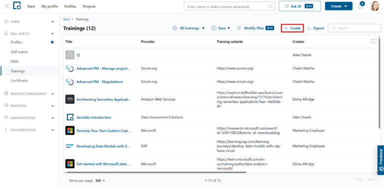 Create button highlighted above the central trainings table