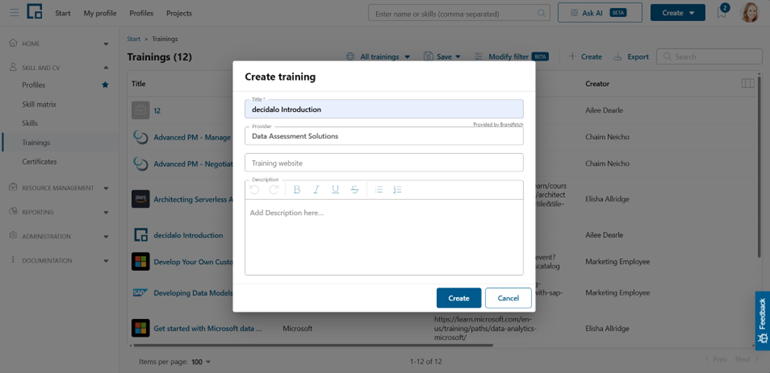 Create training pop-up opened from the trainings table with title, provider, website and description