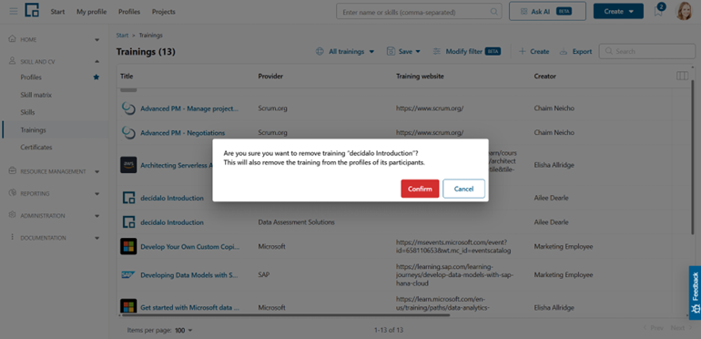 Confirmation pop-up asking whether to remove the training from the catalog and all participant profiles