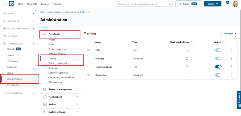 Administration page with Data fields expanded and the Training and Training participation groups highlighted