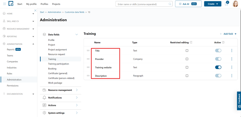 Data fields for Training with title, provider, training website and description
