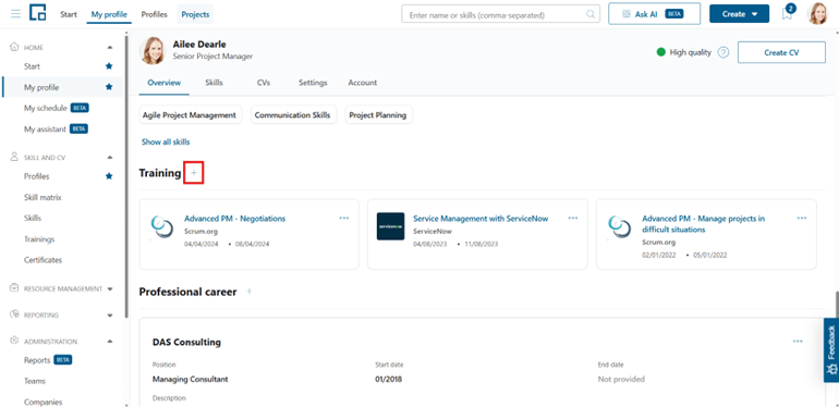 Plus button next to the Training section header on the profile, used to add a training