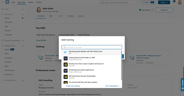Add training pop-up with auto-complete results of catalog trainings and the Create new training link