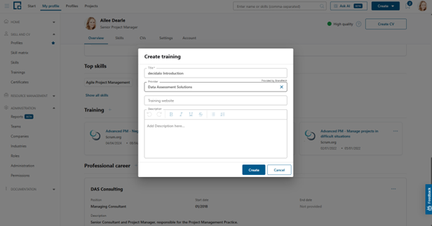 Create training form with title, provider, training website and description fields