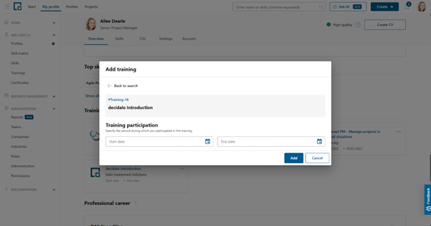 Add training pop-up showing the selected training with start and end date fields for participation