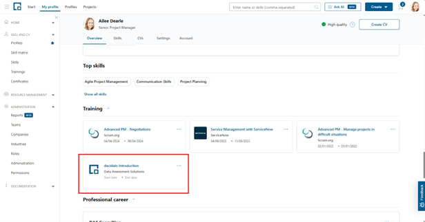 Newly added training tile highlighted at the end of the profile training section