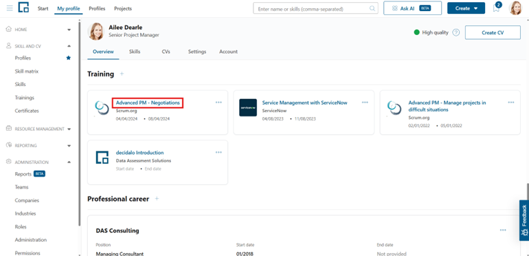 Training tile on the profile with its title highlighted as the link that opens the details