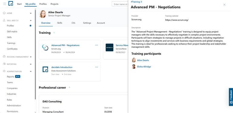 Training side drawer with provider, website, description and the list of training participants