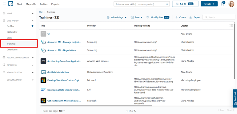 Trainings menu item under Skill and CV opening the central training catalog table
