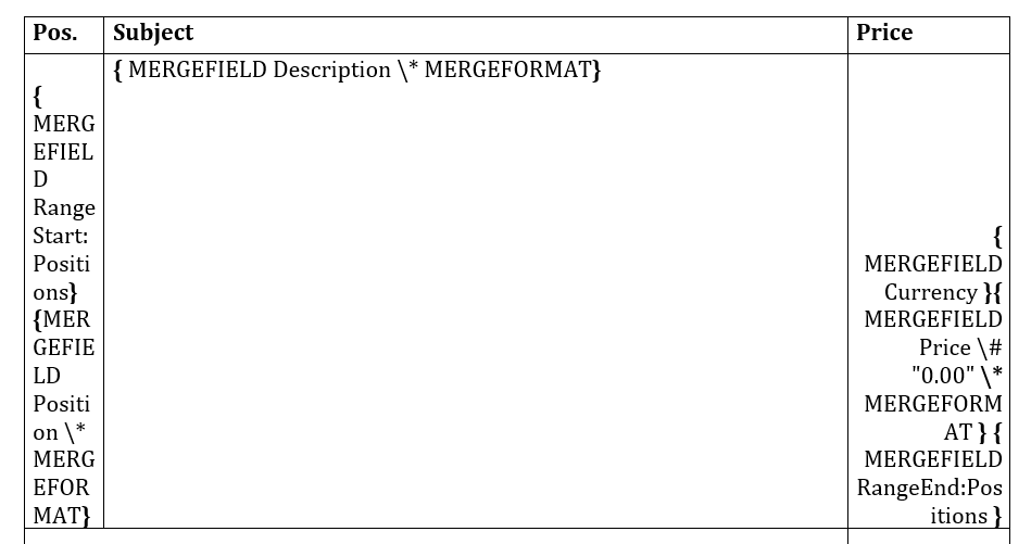 Positions table in Word with the positions range and merge fields for position, description and price