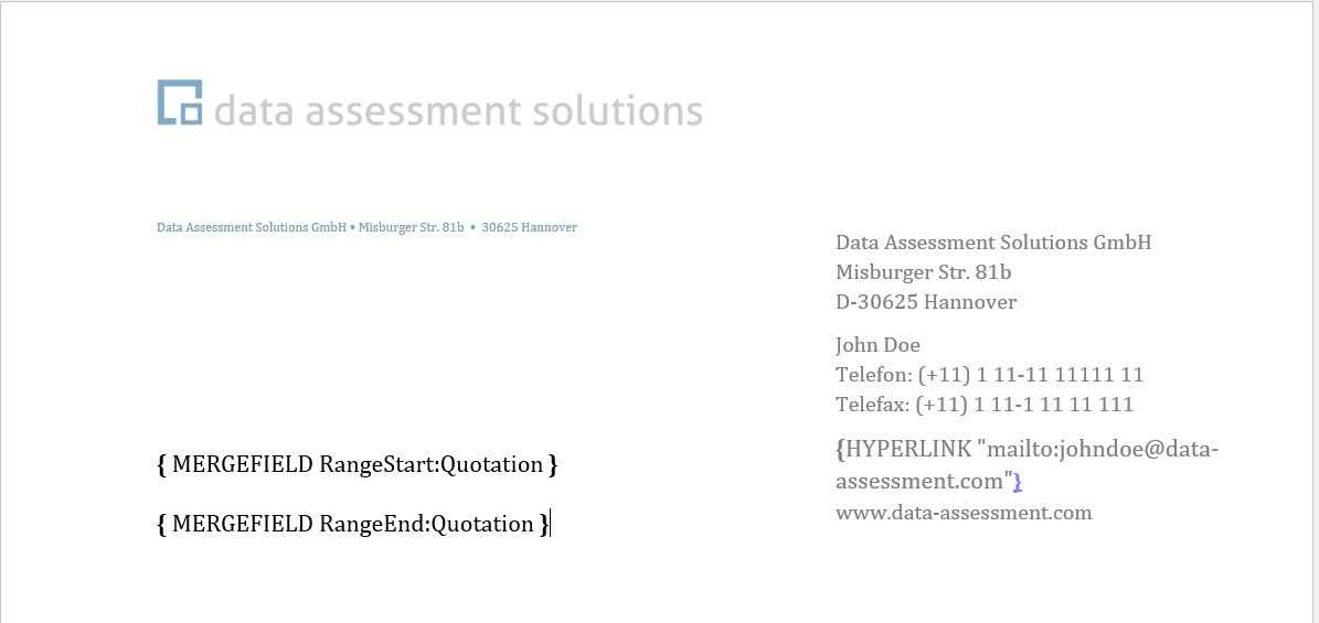 Word letterhead template with the RangeStart and RangeEnd quotation merge fields in the body