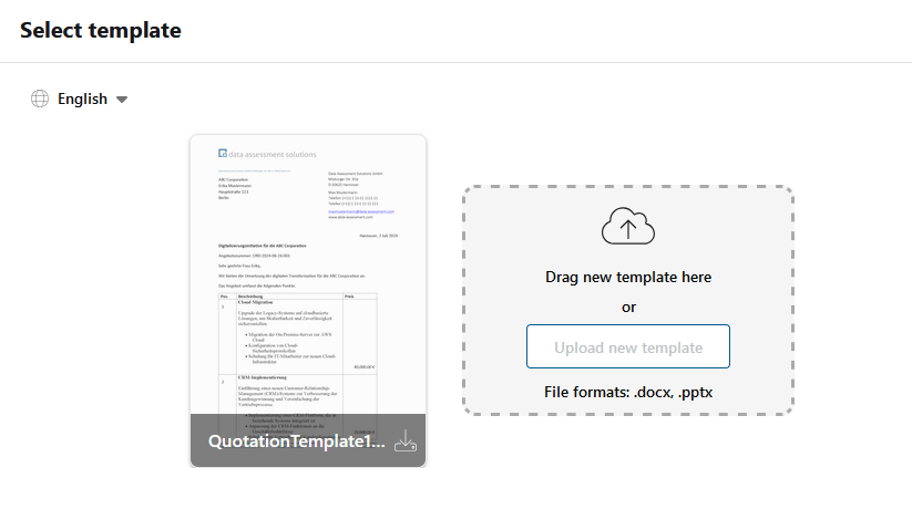 Select template dialog with an existing quotation template and the area to upload a new one