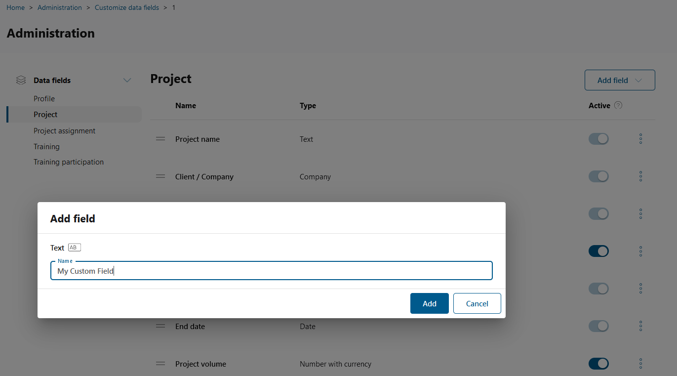 Add field dialog for a new text custom property on the project data fields page