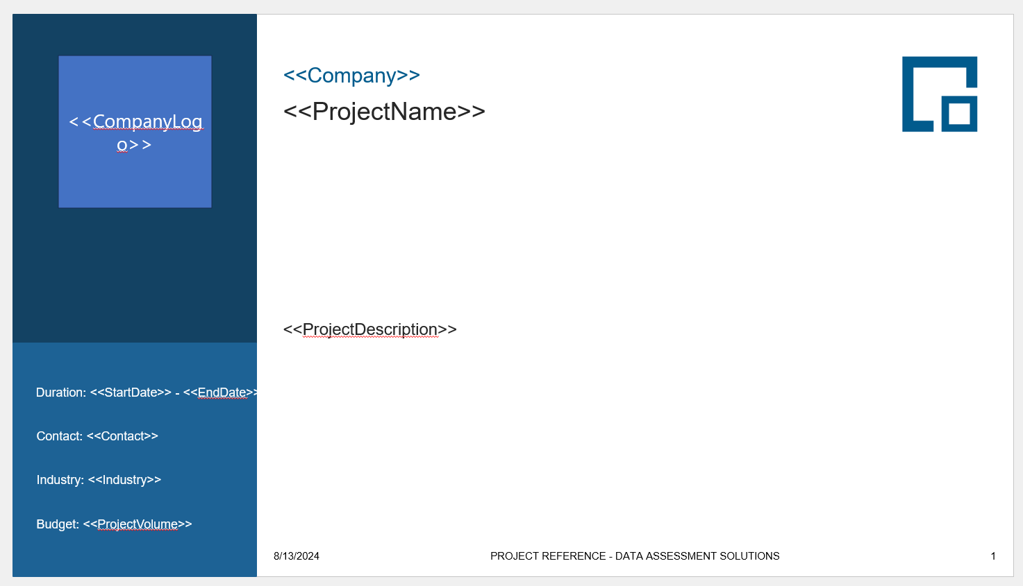 PowerPoint slide template with placeholders for company, project name, description, dates and a logo shape