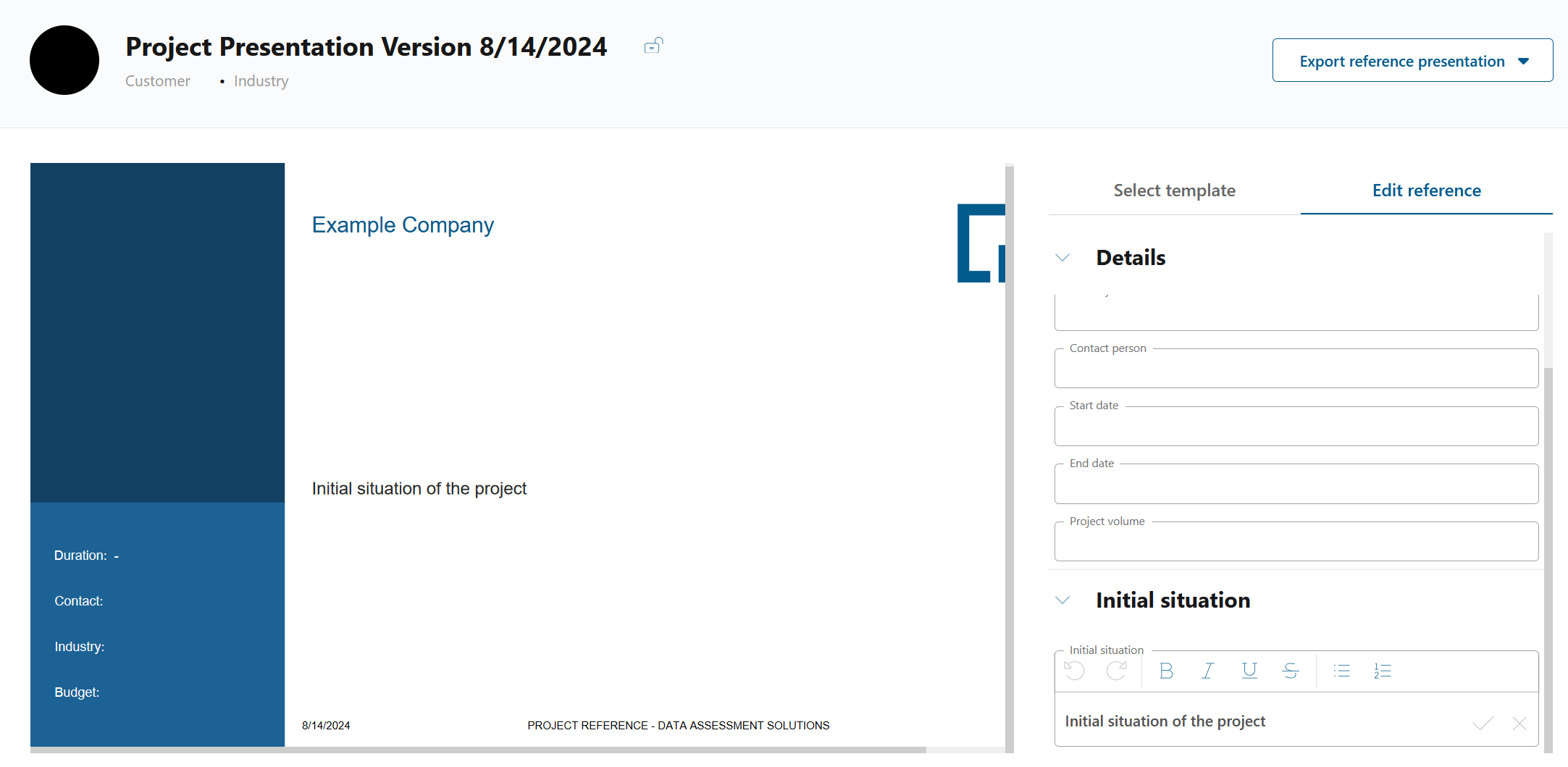 Reference presentation page showing the template field as an editable section on the Edit reference tab