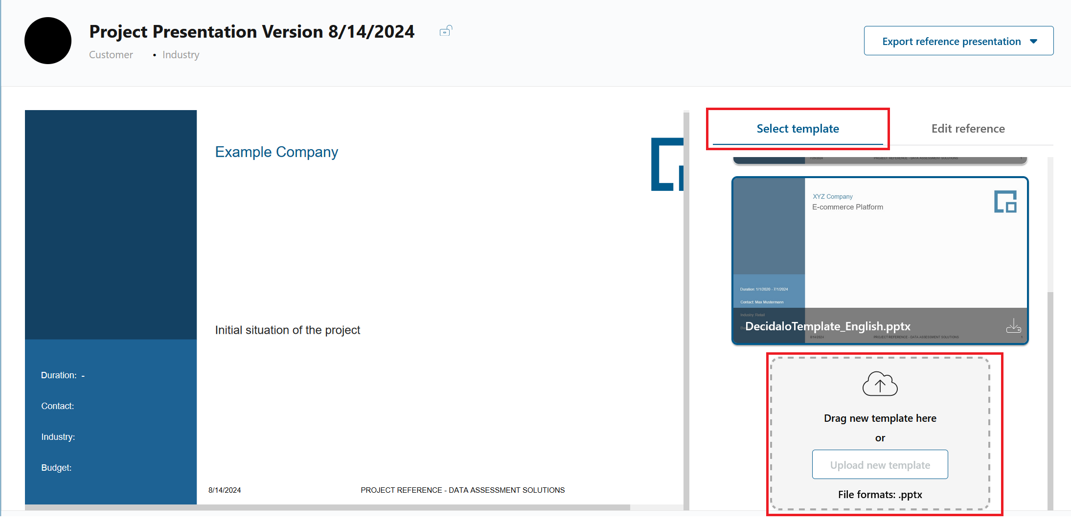 Reference presentation page with the Select template tab and the area to upload a new template highlighted
