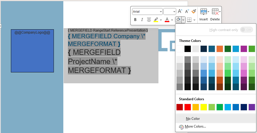 Table cell shading menu in Word used to color an area behind merge fields