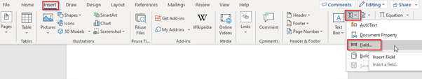Word Insert ribbon with Quick Parts open and the Field option highlighted