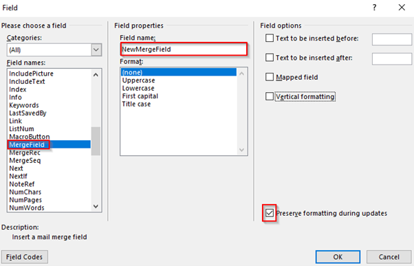 Word Field dialog with MergeField selected, a field name entered and Preserve formatting checked