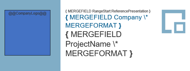 Word template with merge field codes visible next to a logo shape placeholder