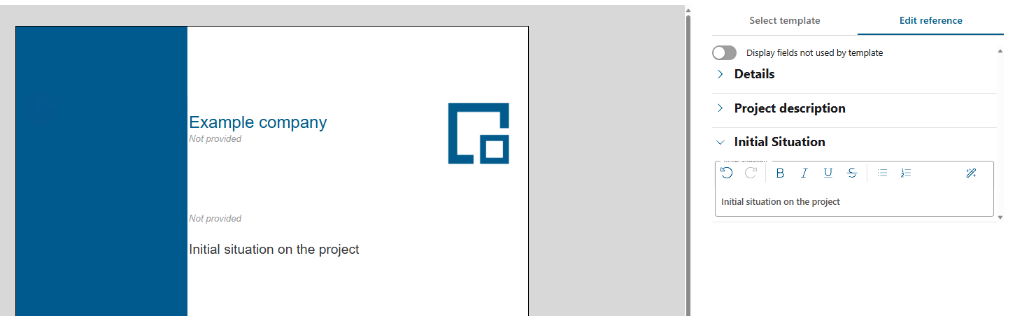 Reference presentation page showing the template field as an editable section on the Edit reference tab