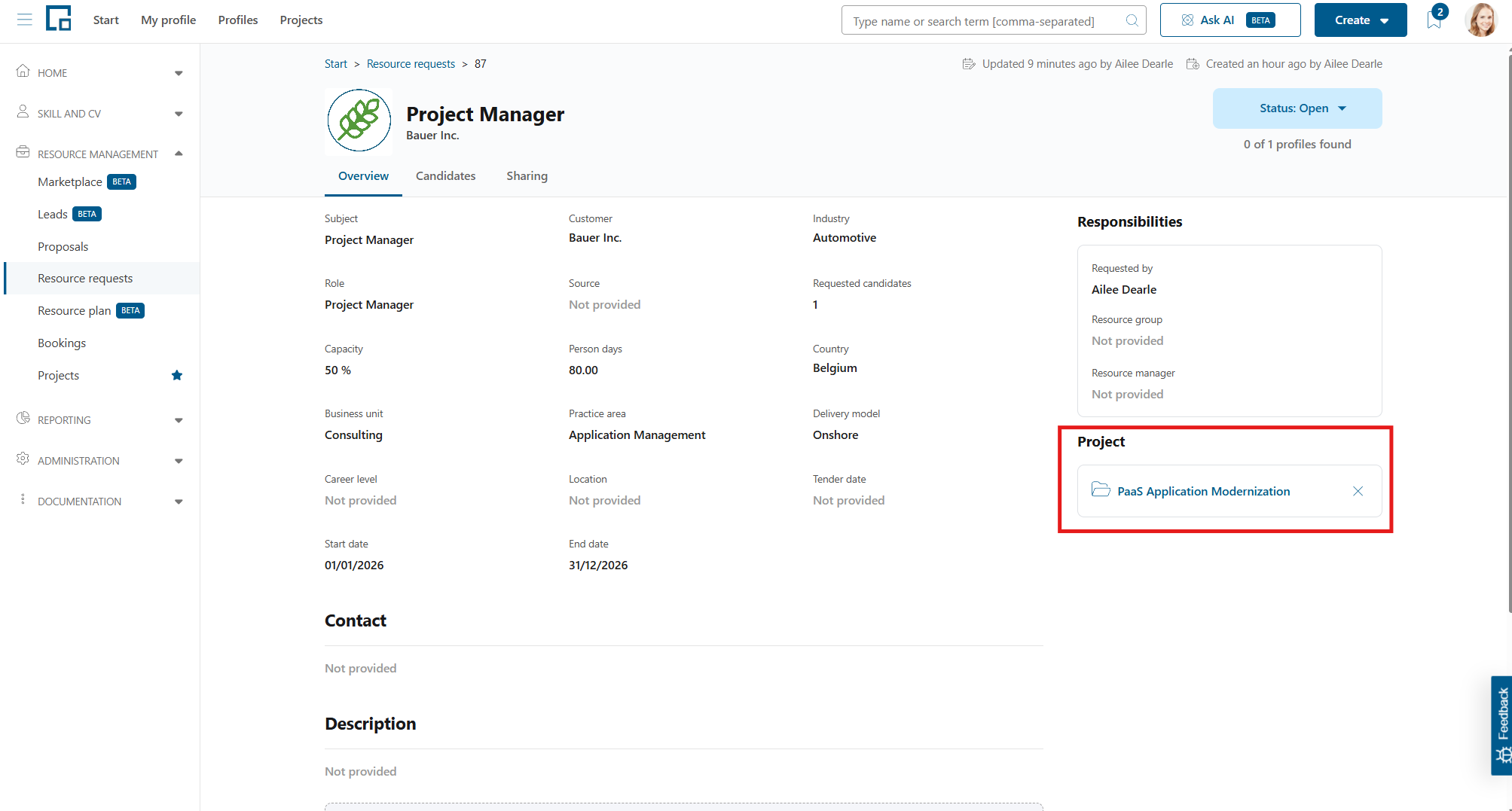 Resource request overview tab with the linked project highlighted in the lower right
