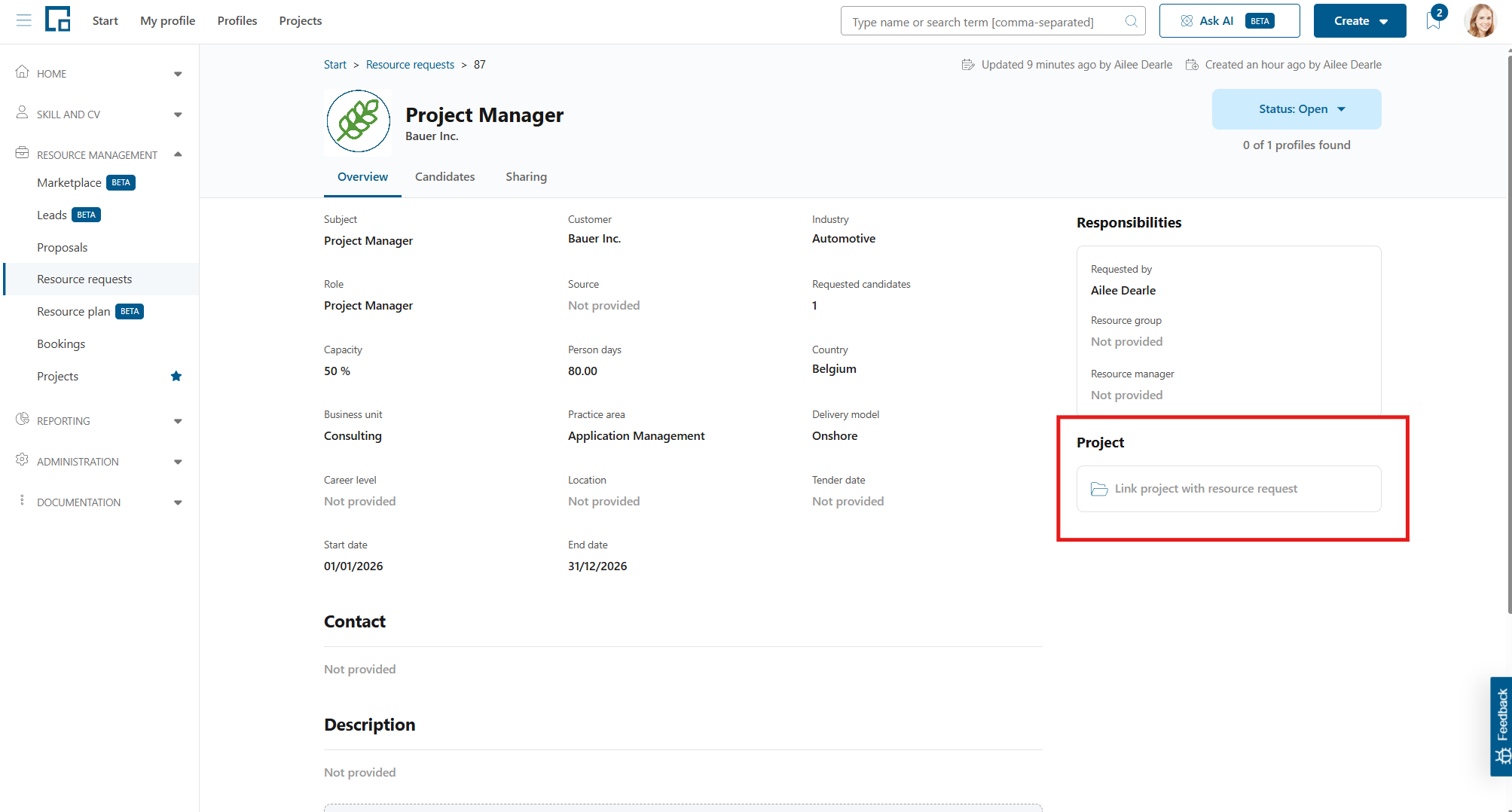 Empty project field showing the placeholder to link a project with the resource request