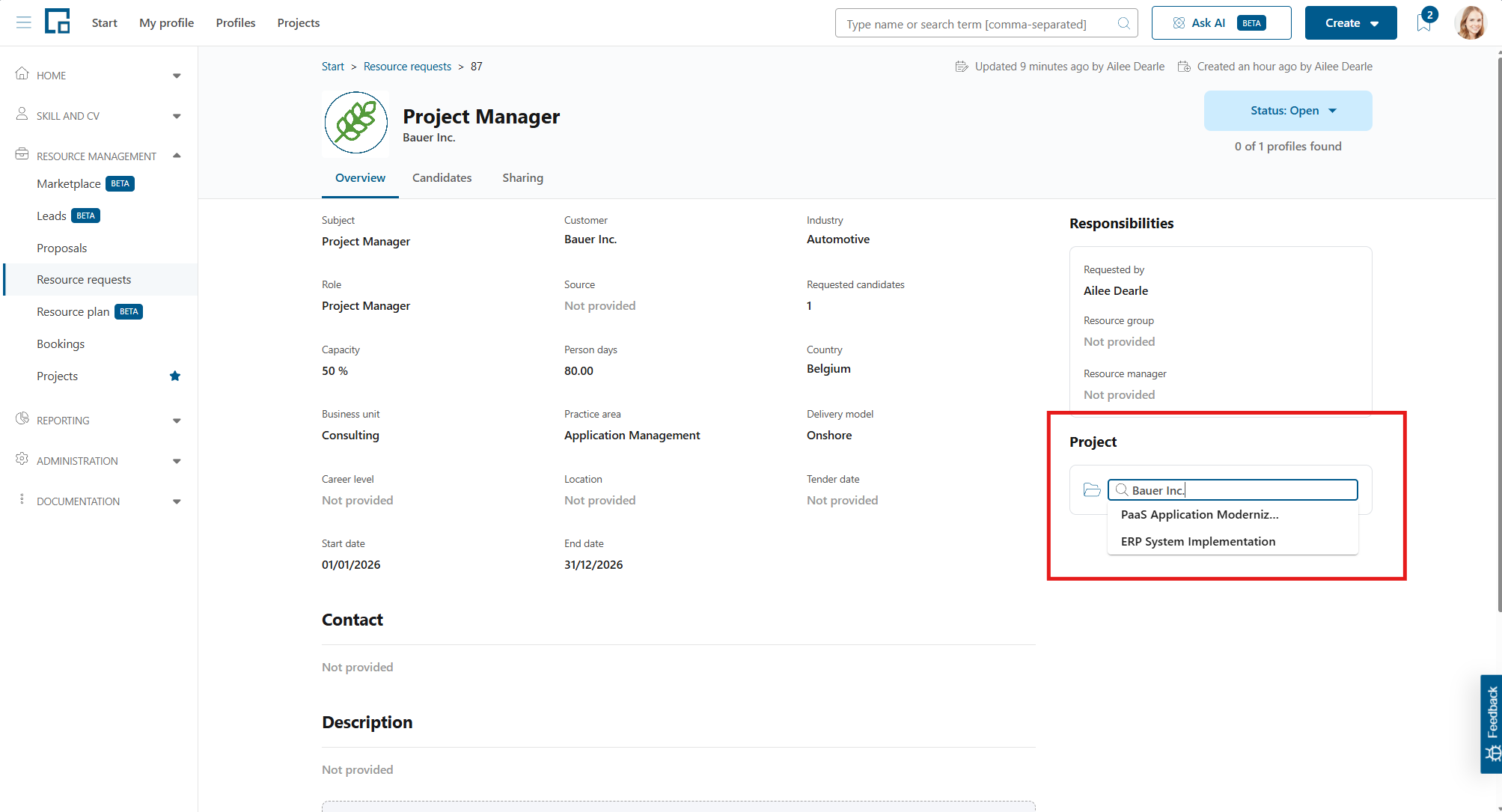 Project search field with a dropdown of matching projects for the entered customer