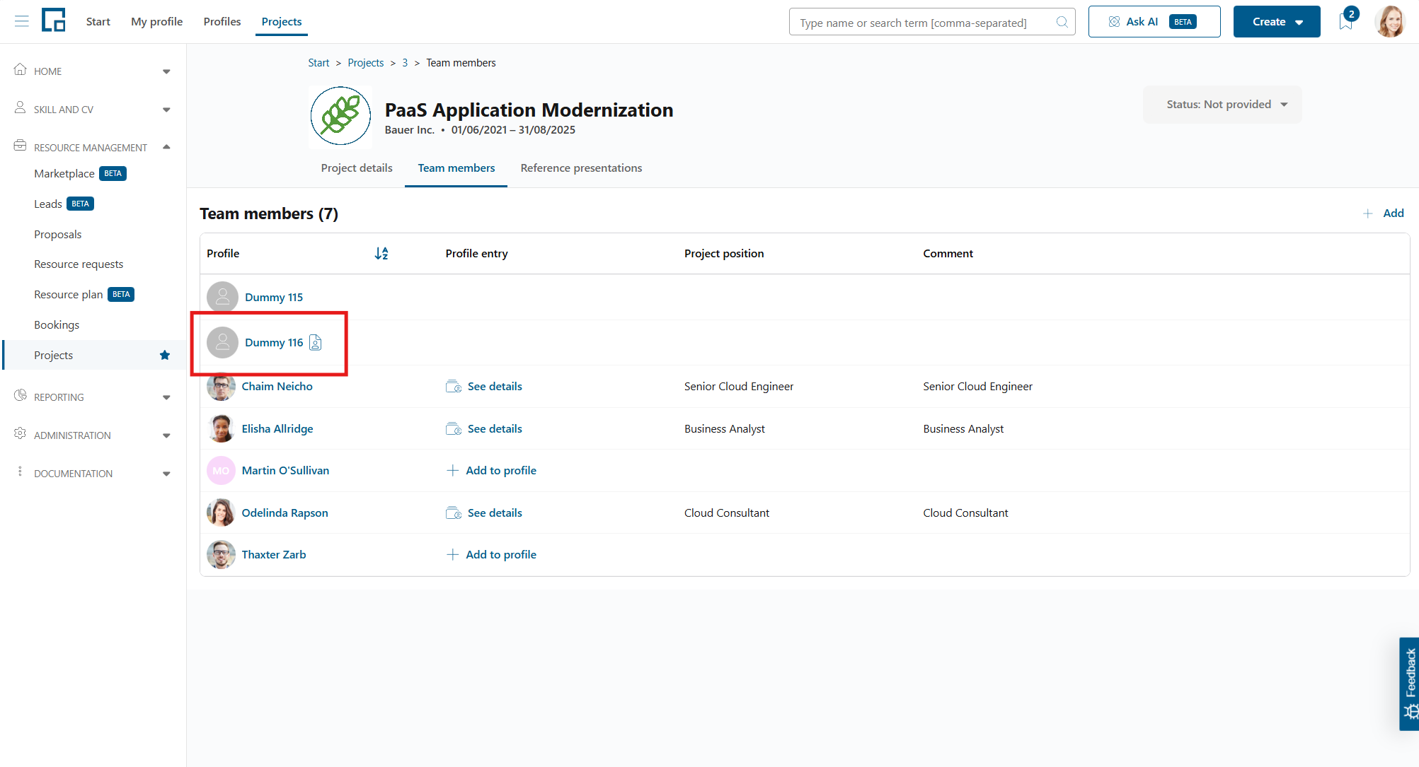 Project team members tab with a dummy booking marked by a resource request icon