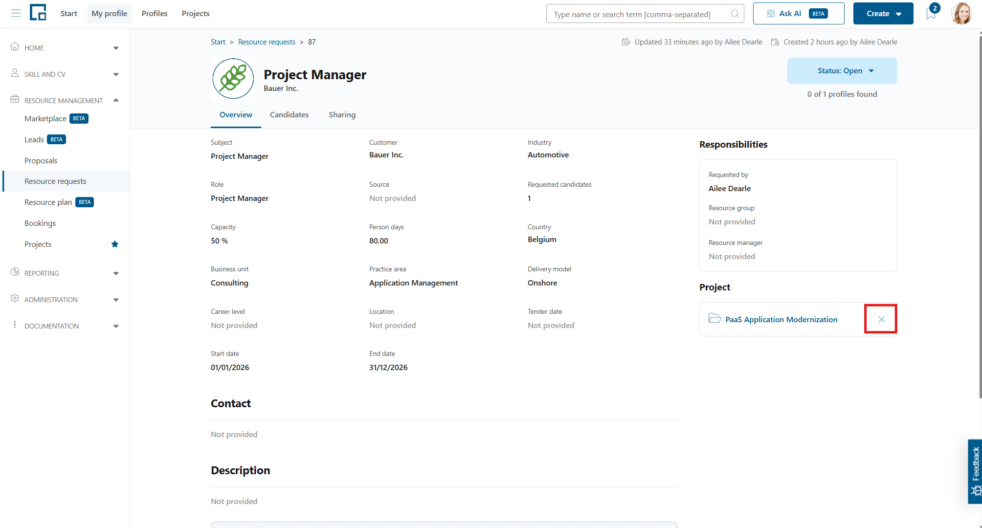 Linked project field with the x button for removing the project connection highlighted