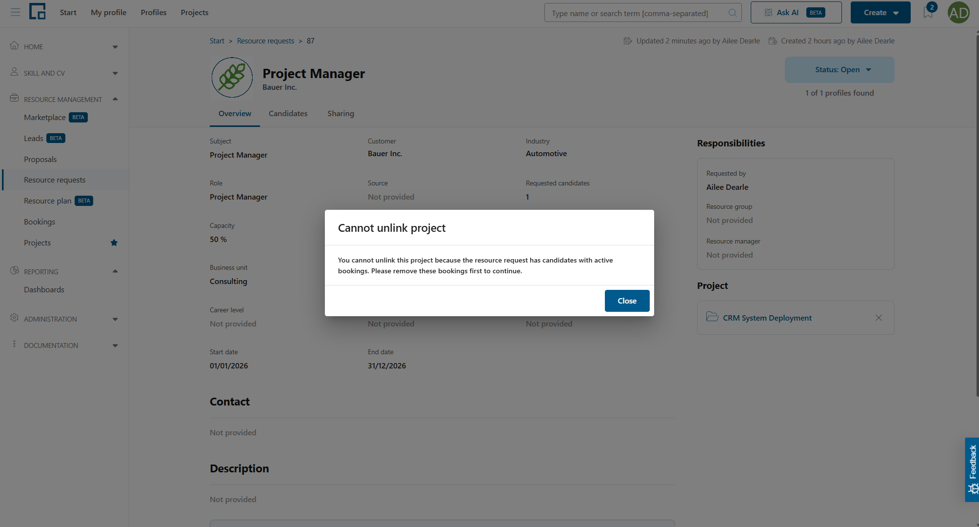 Cannot unlink project dialog explaining that active candidate bookings must be removed first