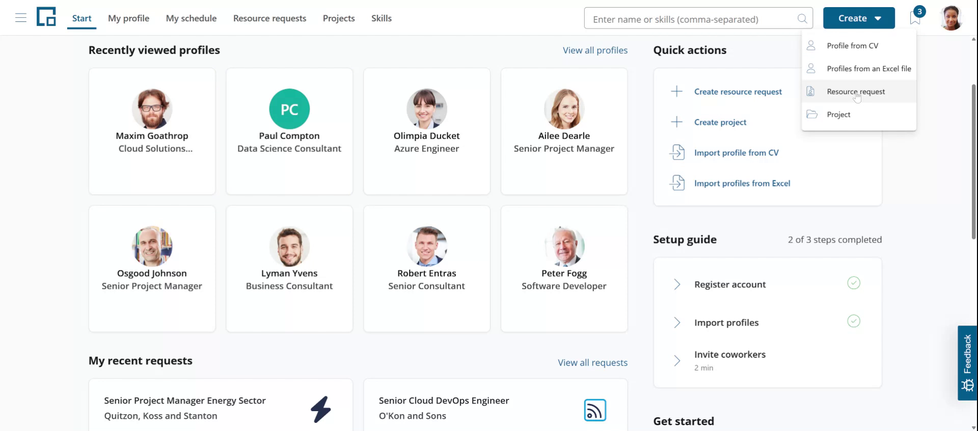 Create menu in the header opened with the resource request option selected