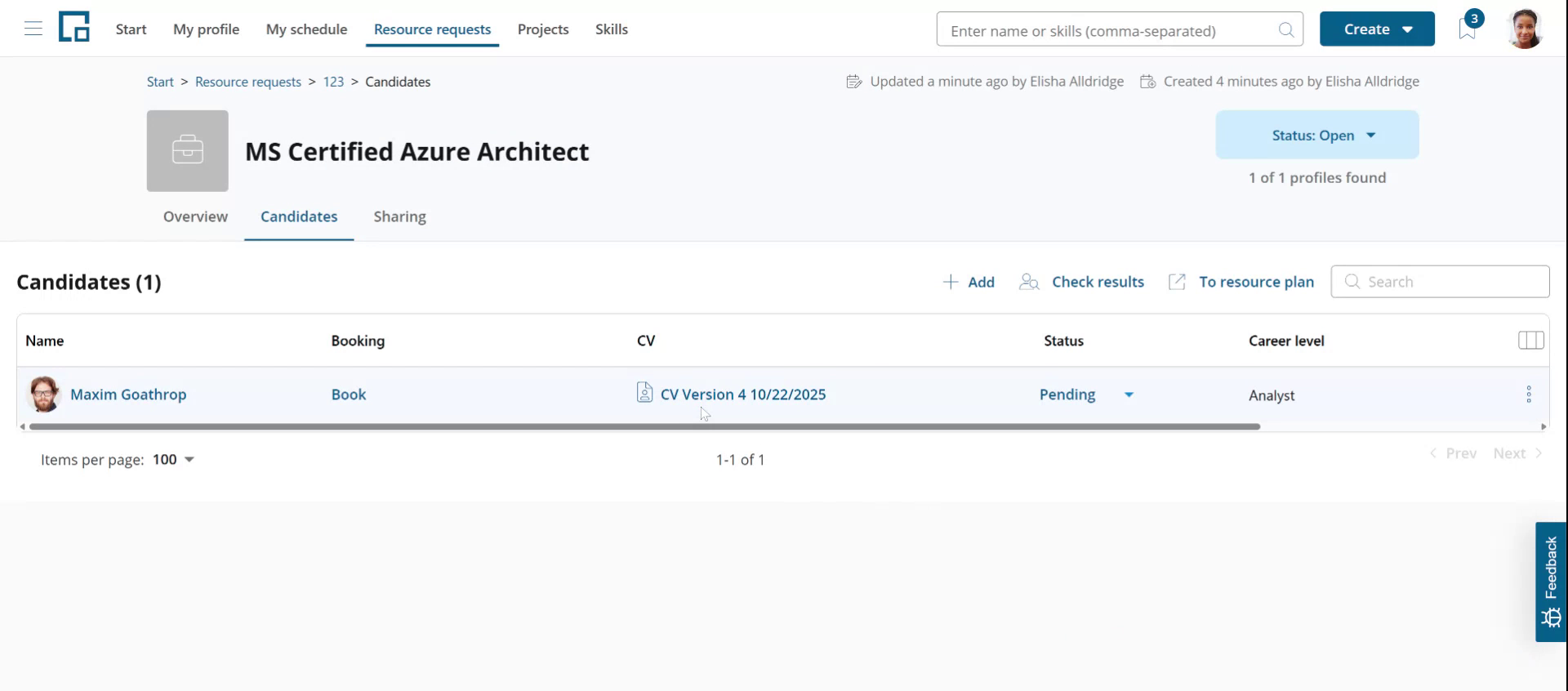 Candidates tab showing the label of the generated CV in the CV column