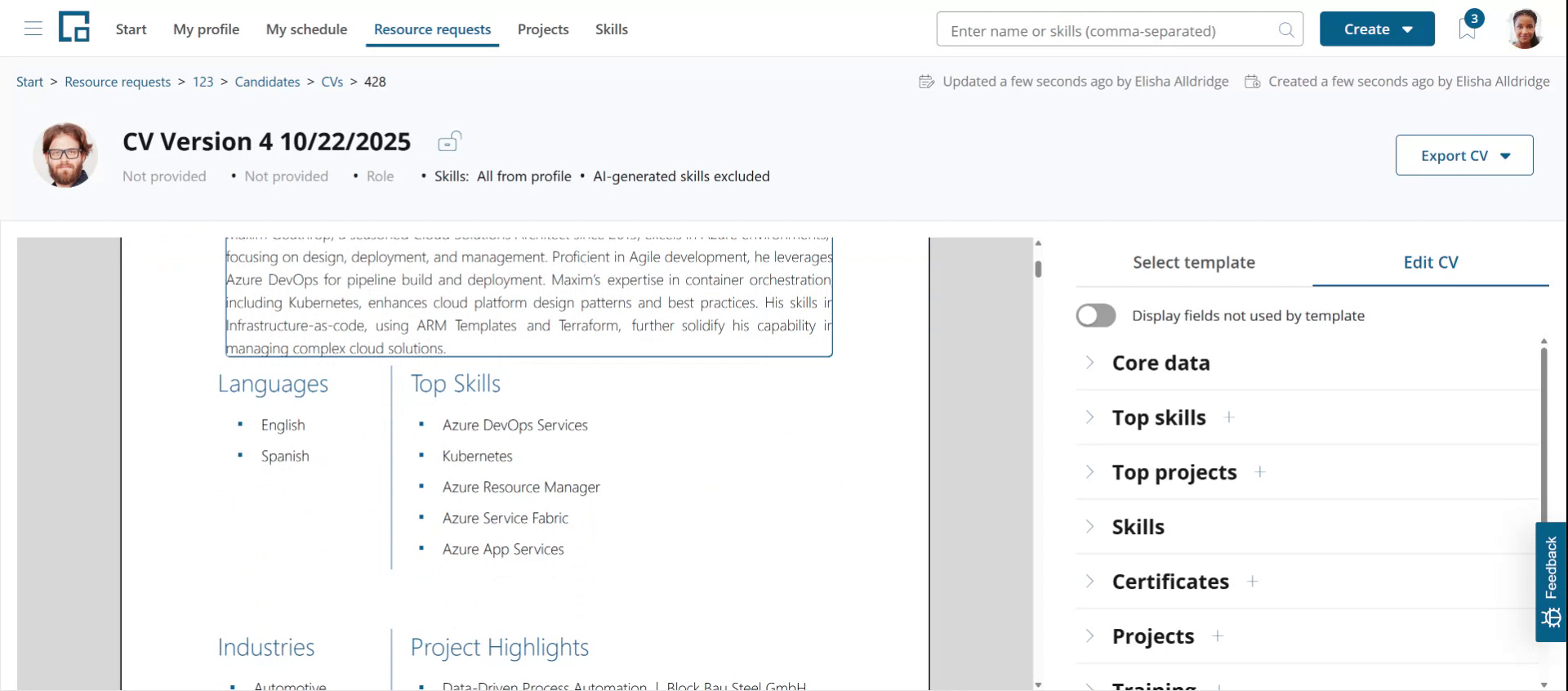 CV editor with the CV preview and editable content sections in the side drawer