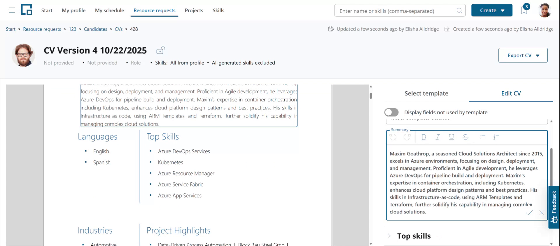 CV editor with the summary text opened for editing in the side drawer