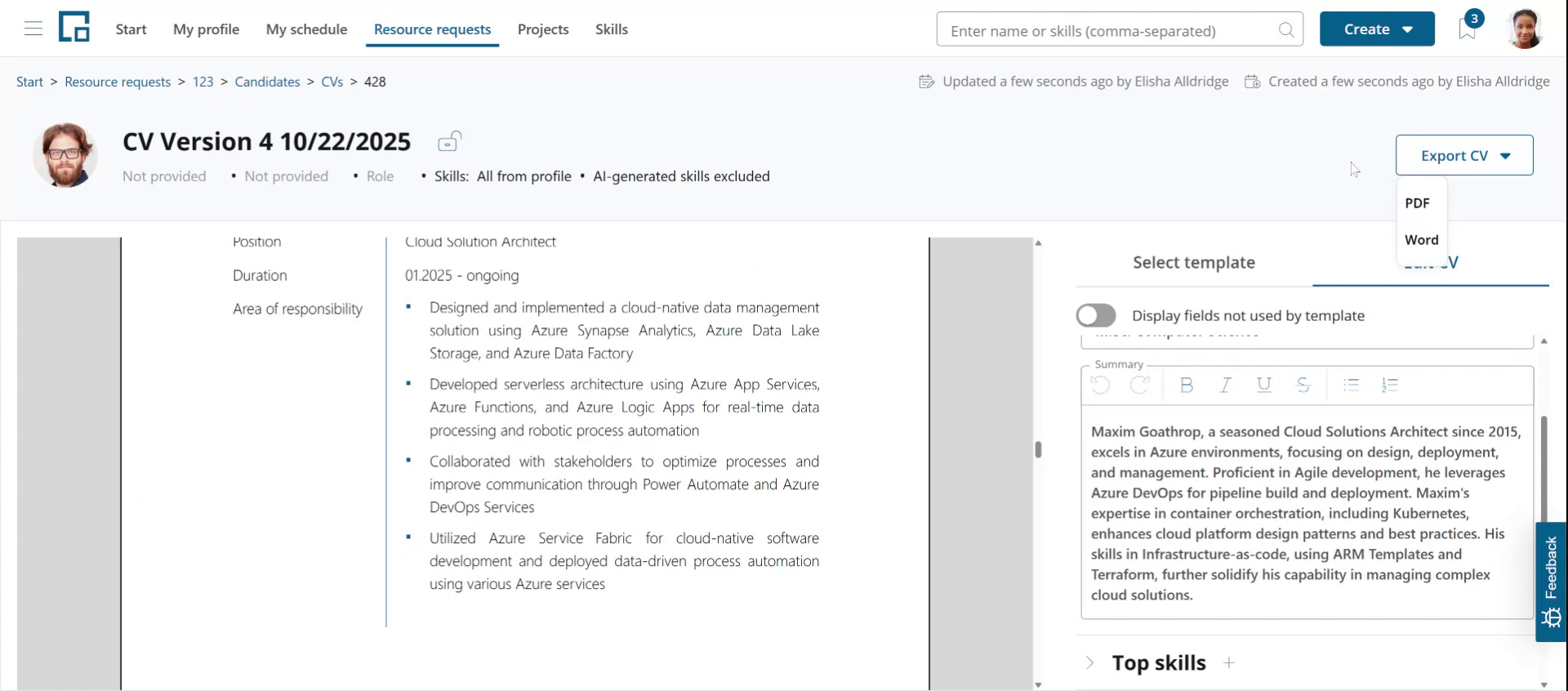Export CV menu offering PDF and Word as export formats