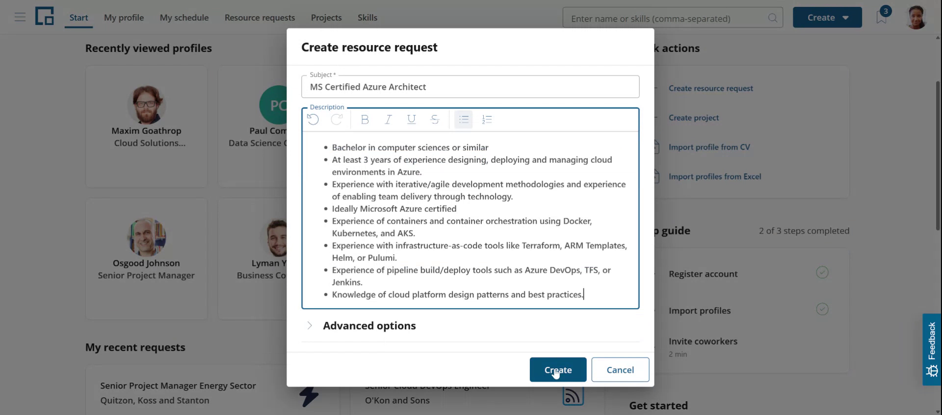 Create resource request dialog with a subject and requirements pasted into the description