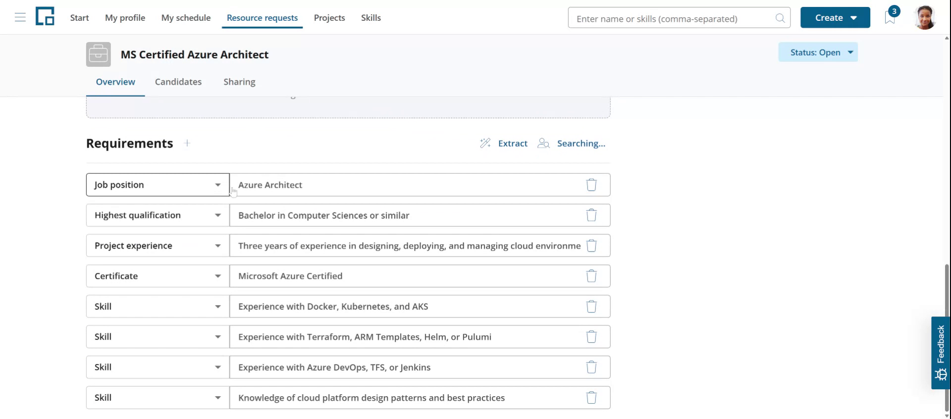 Requirements extracted from the description by category while the candidate search is running