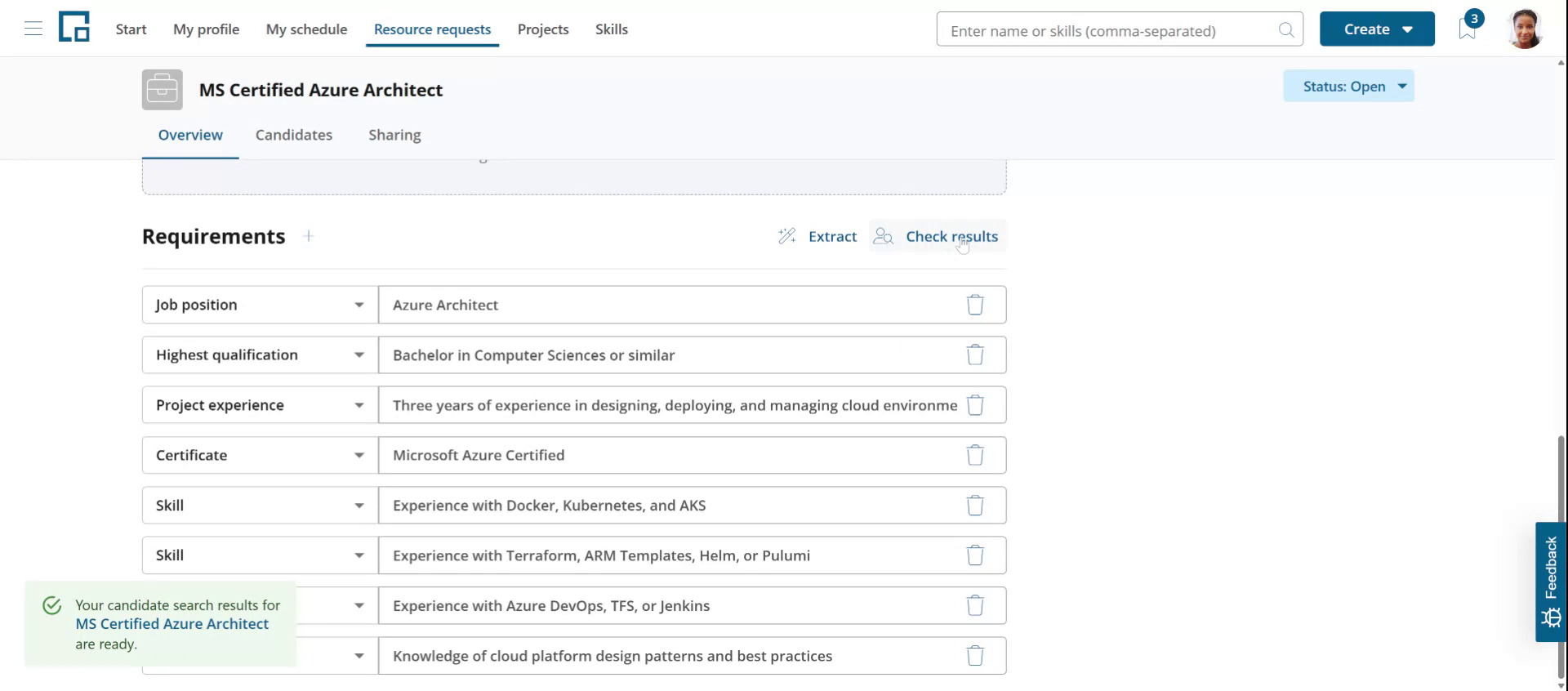 Notification that the candidate search results are ready, next to the Check results button