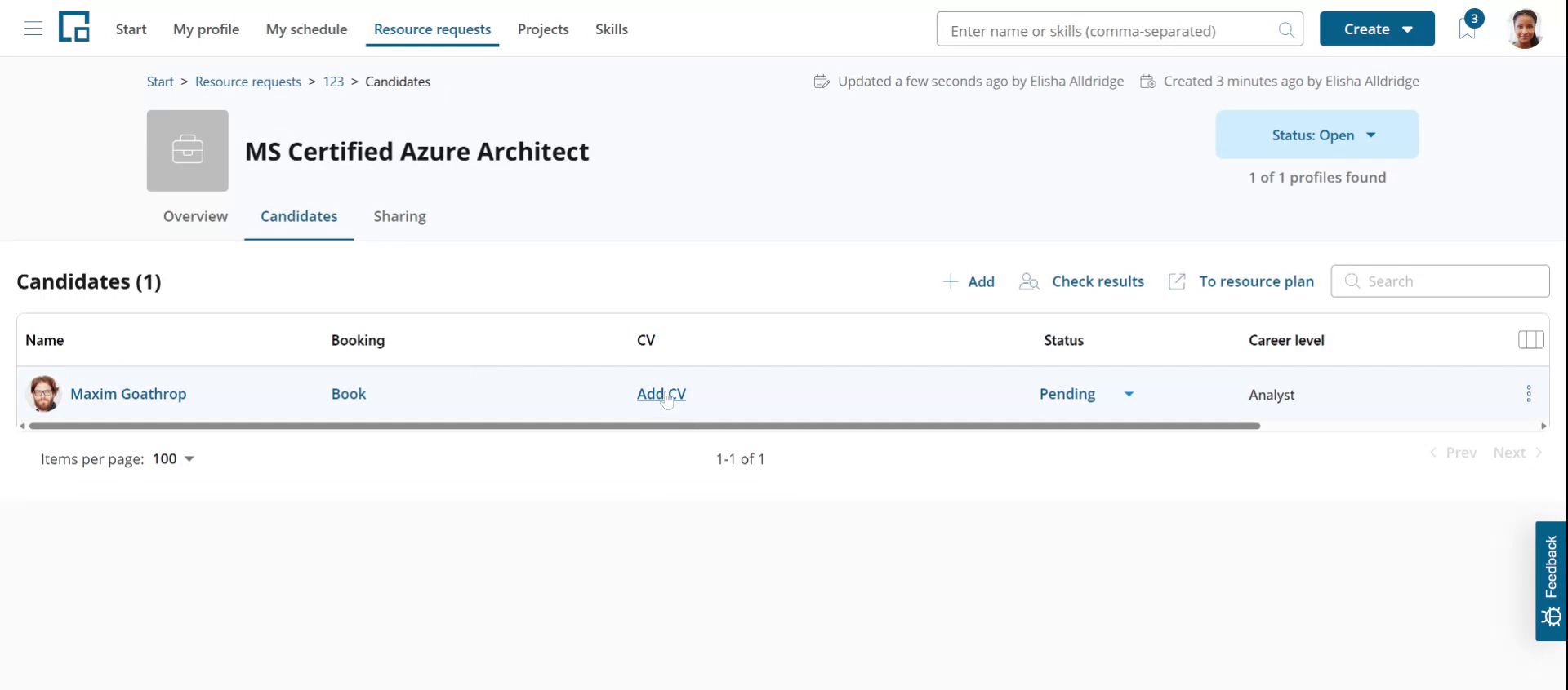 Candidates tab of the resource request with the Add CV link for a saved candidate