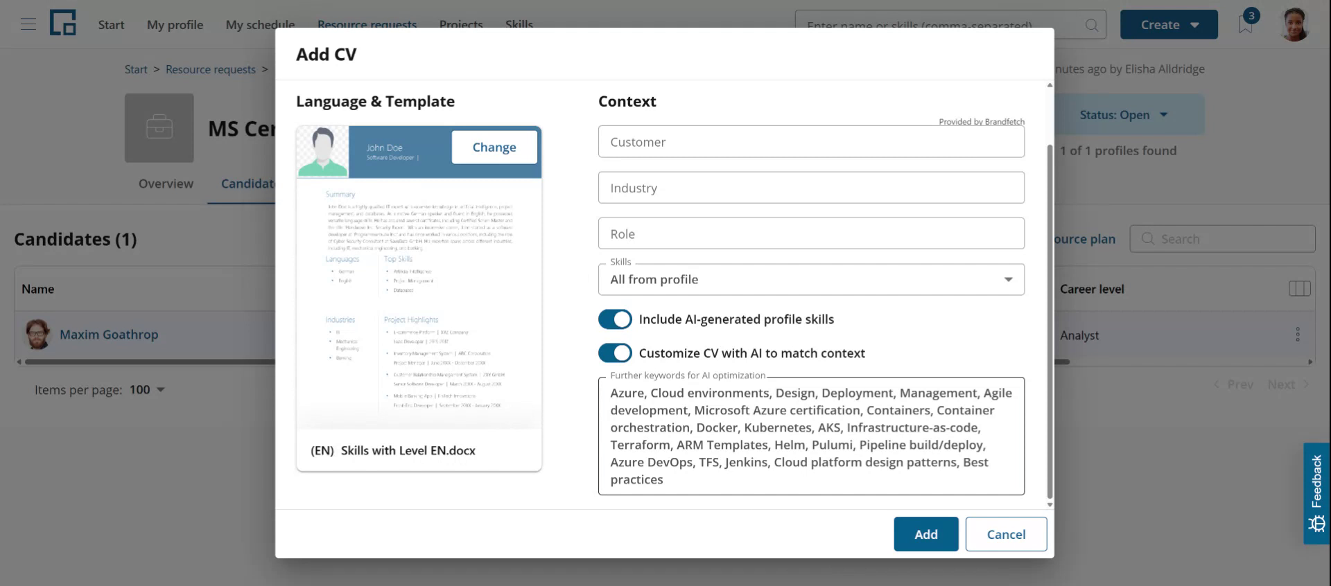 Add CV dialog with template preview and the option to customize the CV with AI