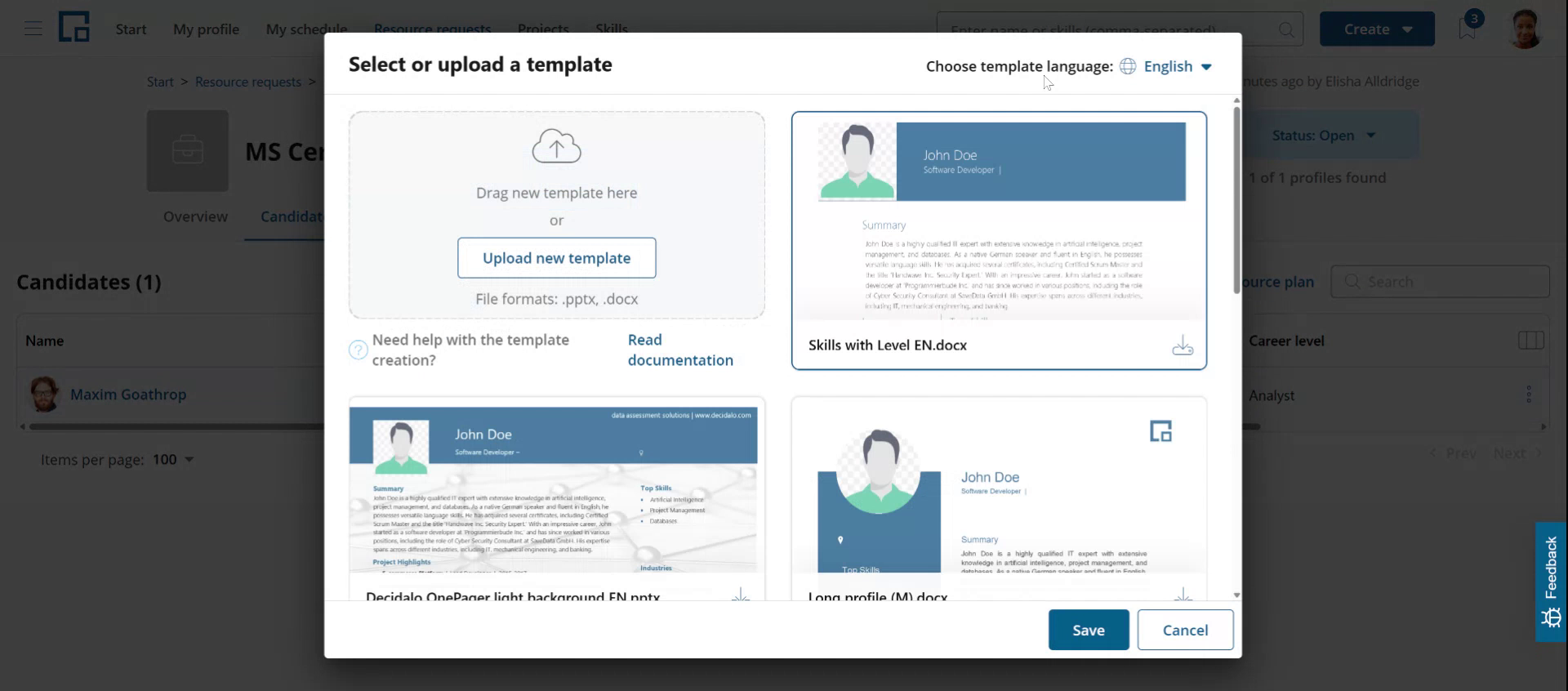 Template library with a template language selector and an upload area for new templates