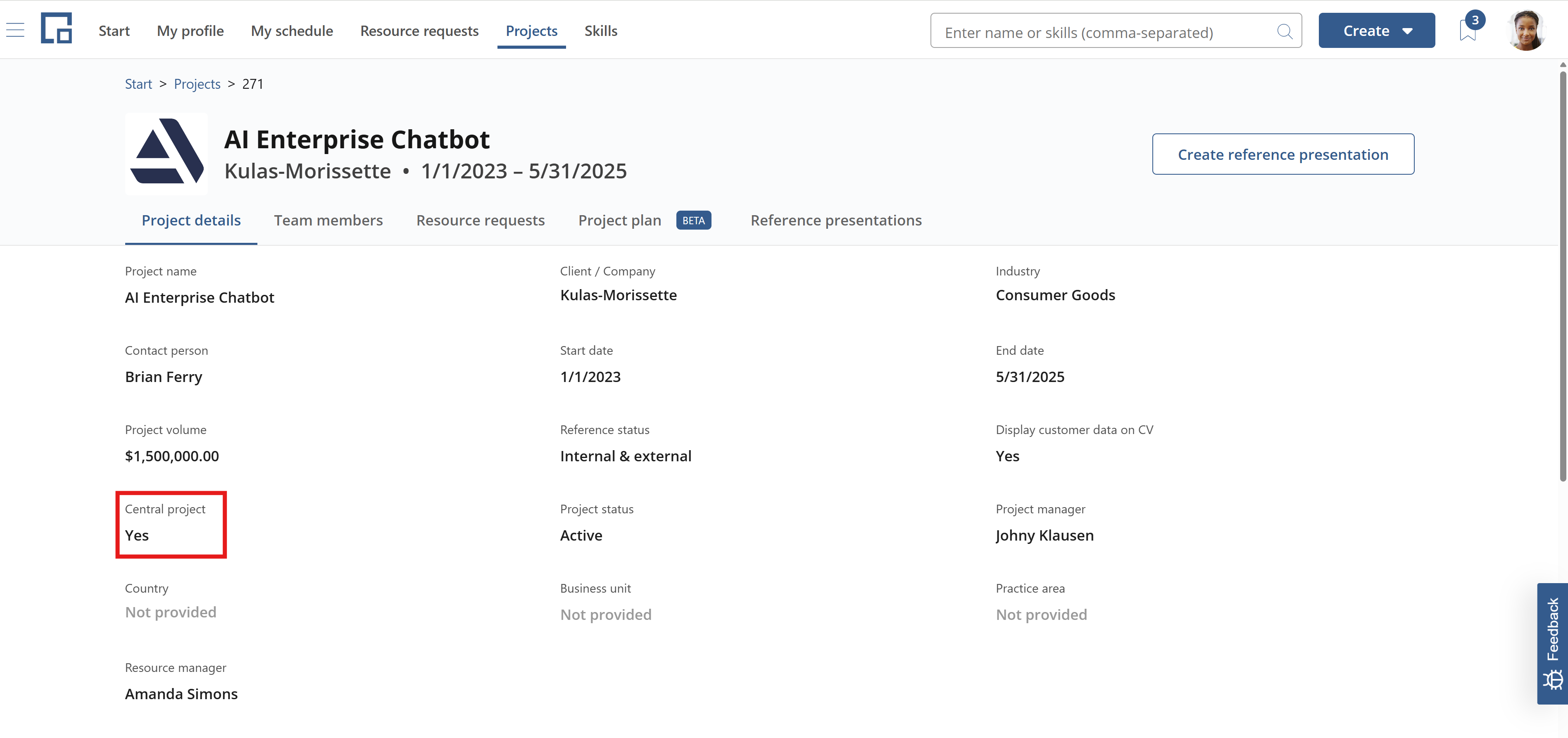 Project details tab with the Central project indicator highlighted