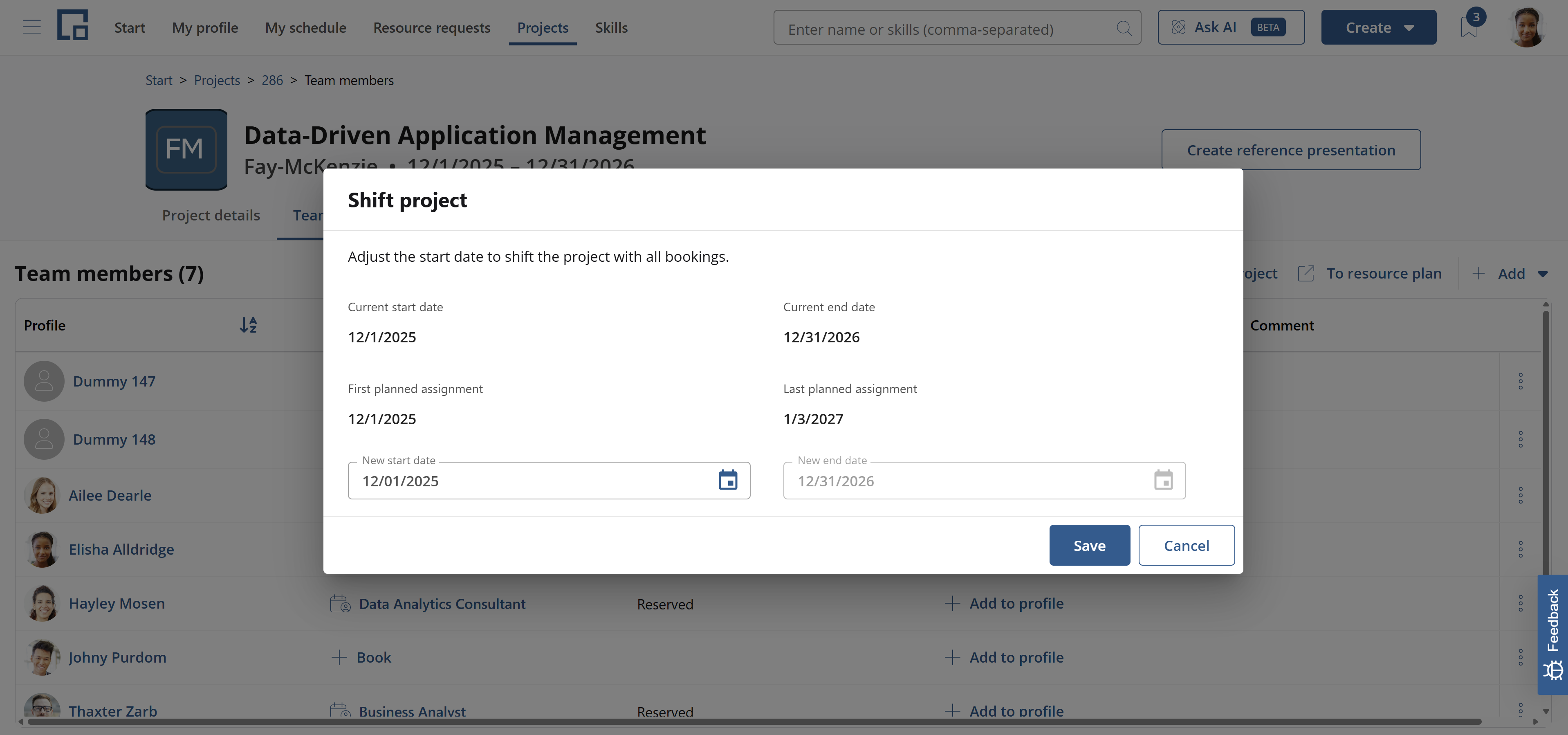 Shift project dialog showing current dates and a field for the new start date