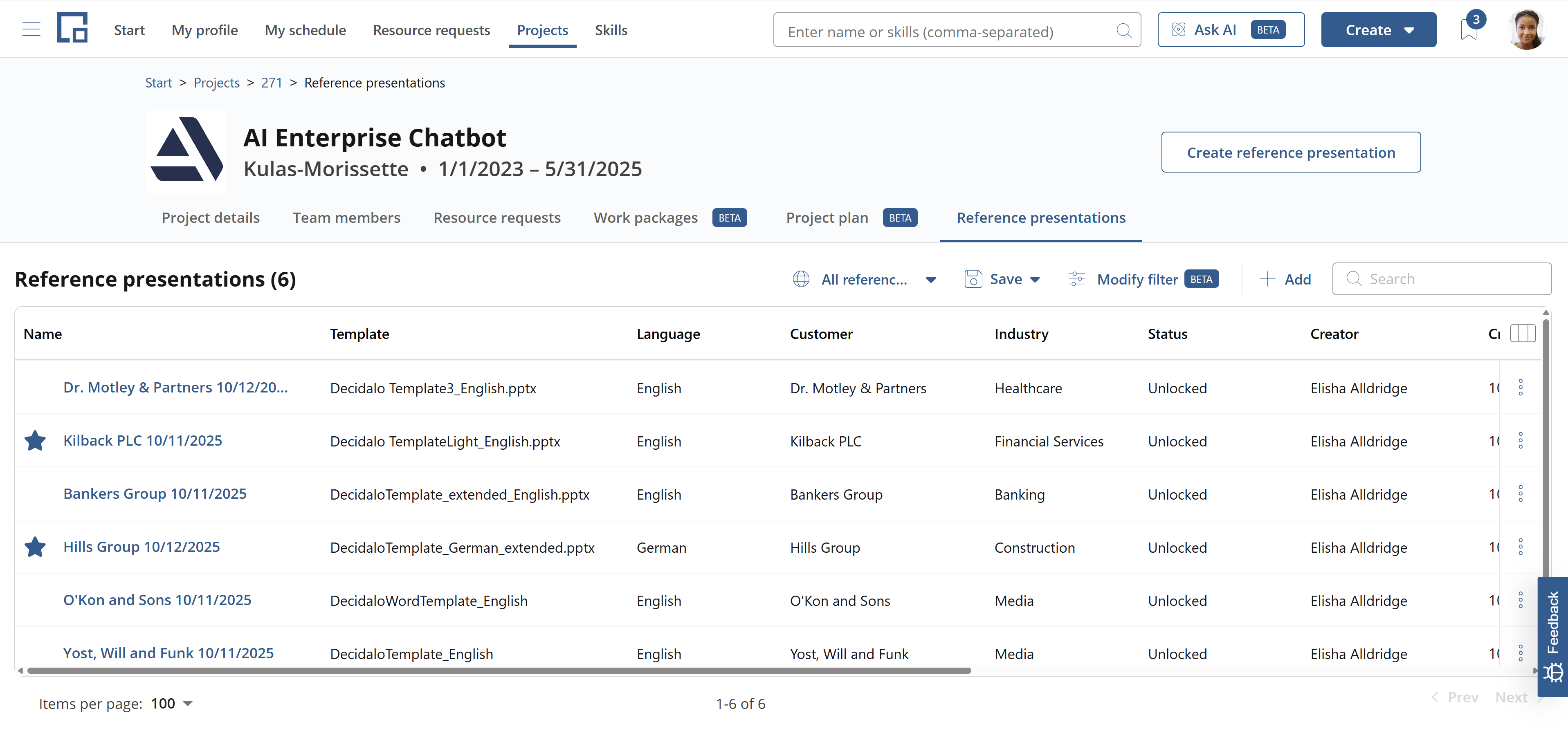 Reference presentations tab of a project with master presentations marked by a star