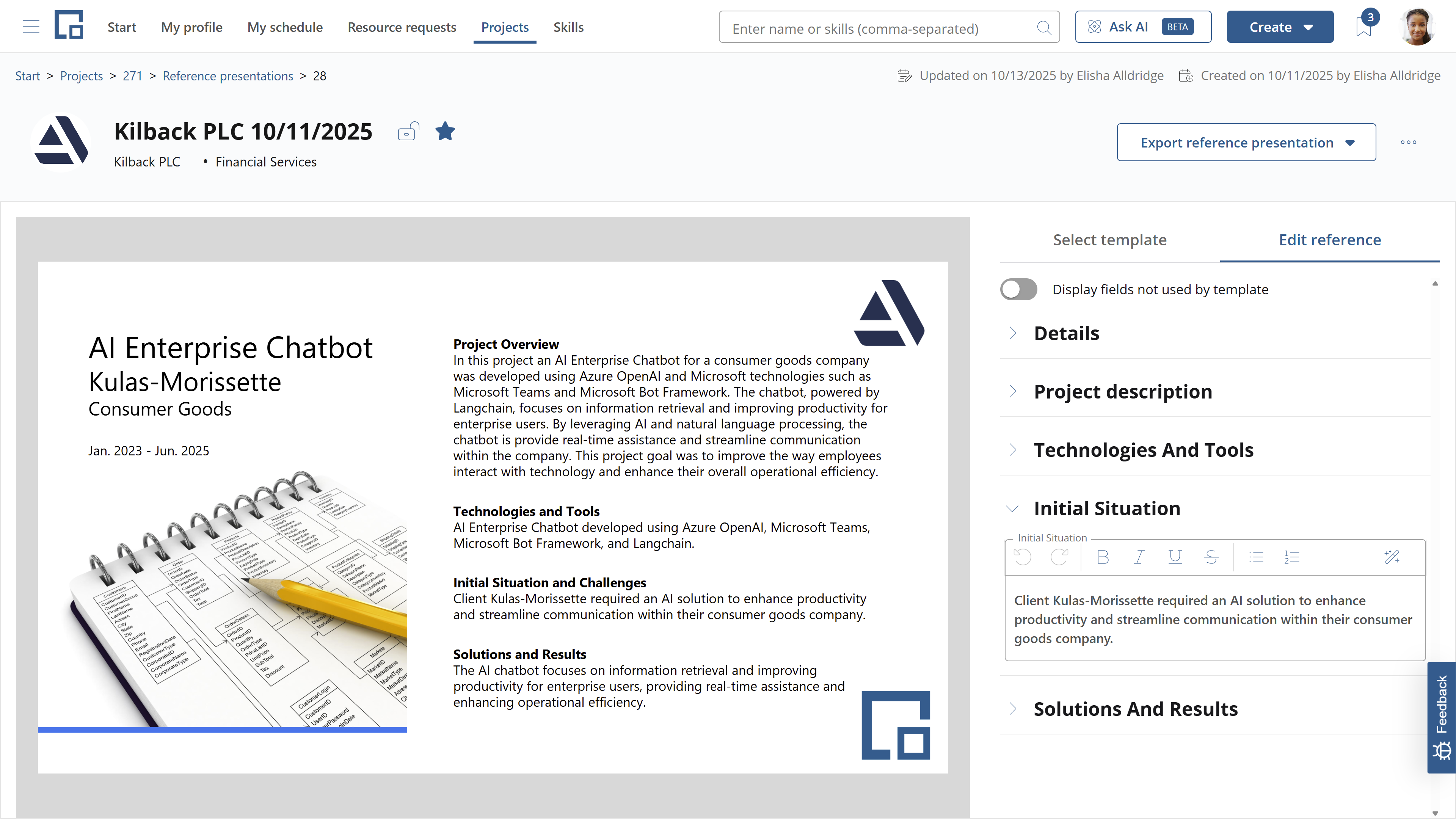 Reference presentation editor with slide preview and editable template fields such as the initial situation