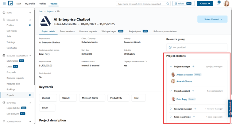 Project contacts section with an accordion per contact type and primary contacts marked