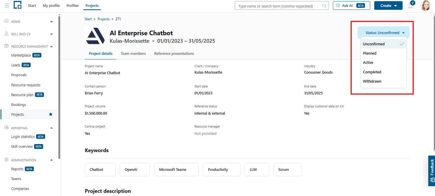 Project status dropdown in the top right corner listing the available status values