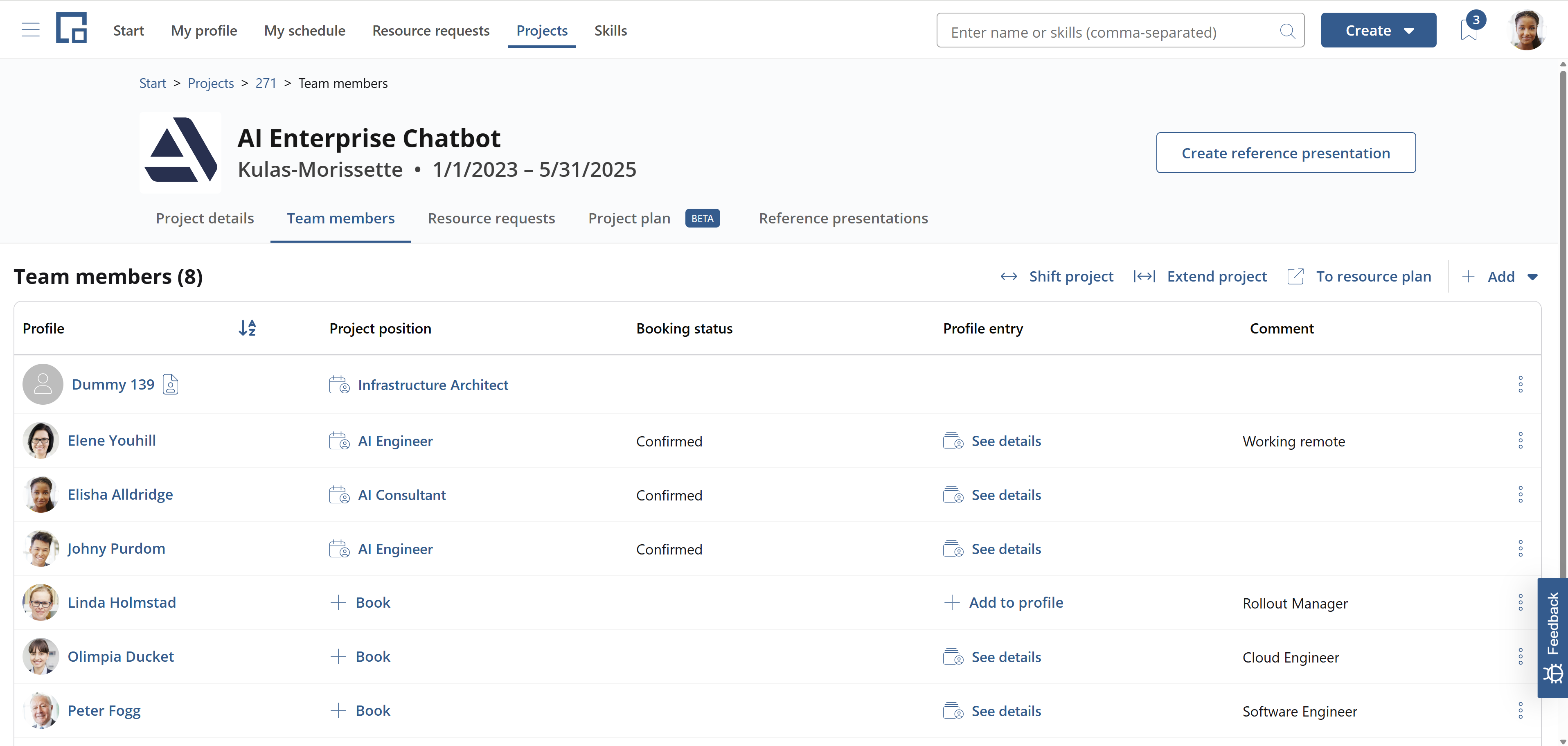 Team members tab listing persons and an unfilled position with project position, booking status and profile entry