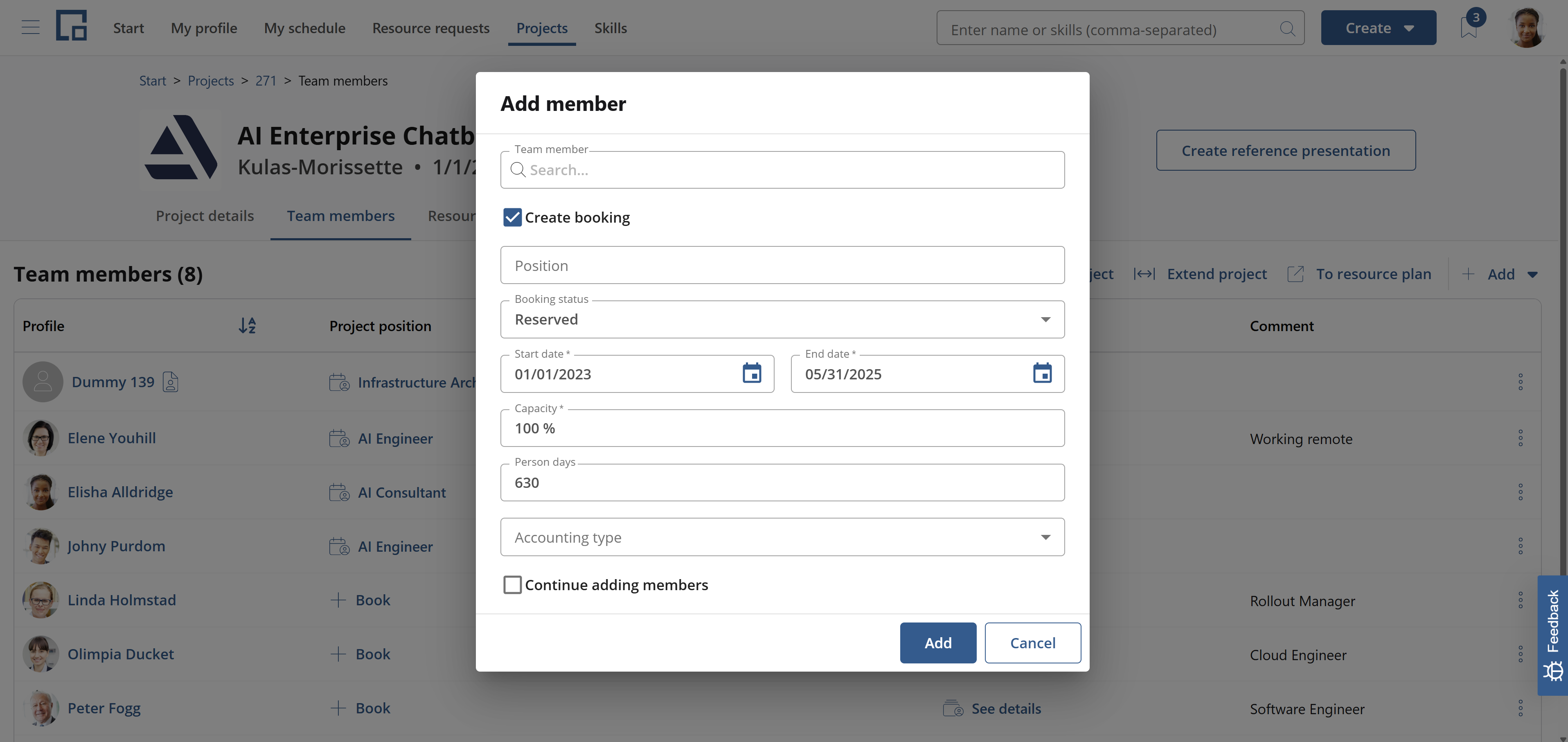 Add member dialog with team member search and the option to create a booking right away